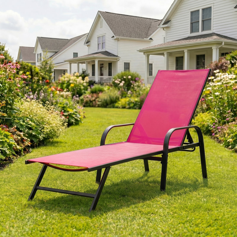 Outdoor Folding Chaise Lounge Chair Portable Recliner W/ 5 Positions & Pillow For Lawn, Beach, Pink