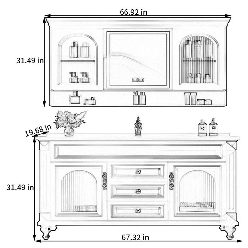 American retro style rest room bathroom cabinet, 31.49" H x 67.32" W x 19.68" D