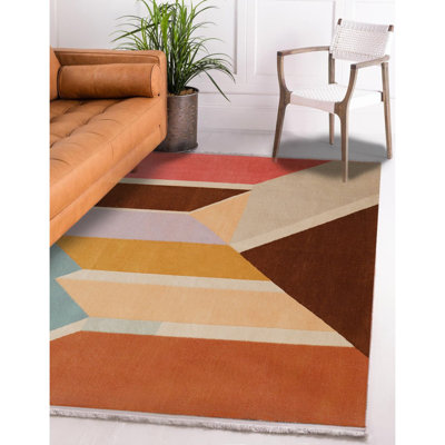 Tapis géométrique en polyester tissé à la machine Effrosini beige / brun / orange