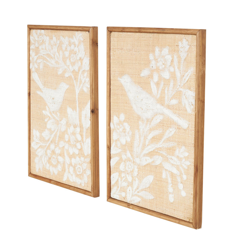 Wood Bird Brown Wall Decor with White Painted Floral Patterns Set
