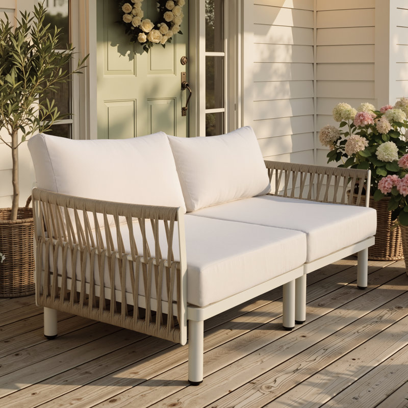 2 Person Outdoor Patio Sectional Sofa Set, Beige Cushion/White Frame 