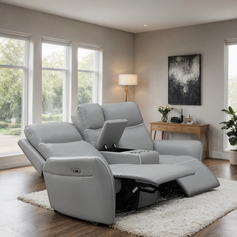 Causeuse inclinable électrique 70 po en cuir respirant avec lumière DEL, porte-gobelets et console de rangement