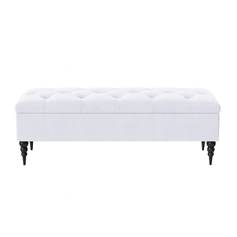 Safar Wide Tufted Rectangle Ottoman Storage Bench – Upholstery Plush Velvet Shoe Bench with Black Turned Wooden Legs, White