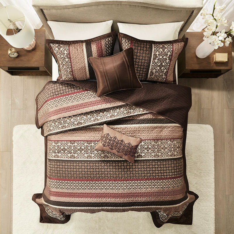 Literie 5 pièces avec coussins rouges et élégants, courtepointe double / grand motif, Rouge