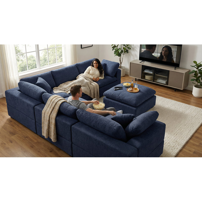 Canapé modulaire rembourré 6 pièces avec repose-pieds réversible Wartow, Bleu très foncé