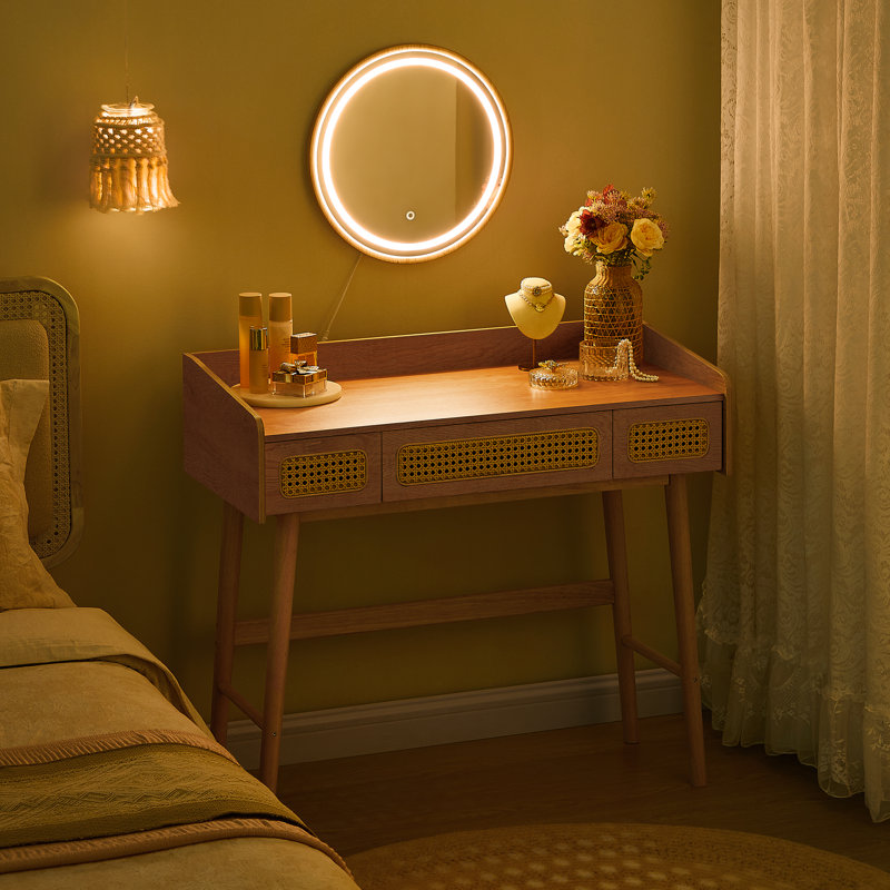 Virdie Boho Vanity Desk with Light Up Mirror, 3 Drawers, Dimmable, Touch Control Light with 3 Colour Hues, Oak Beige