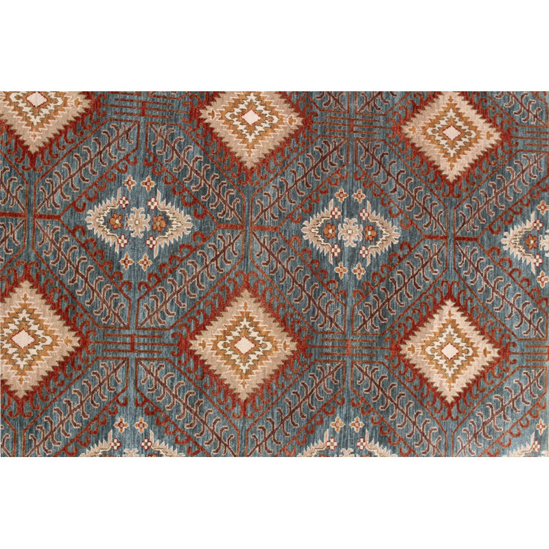 Tapis en laine rouille vert noué à la main à motif géométrique audacieux à motif de losanges du sud-ouest