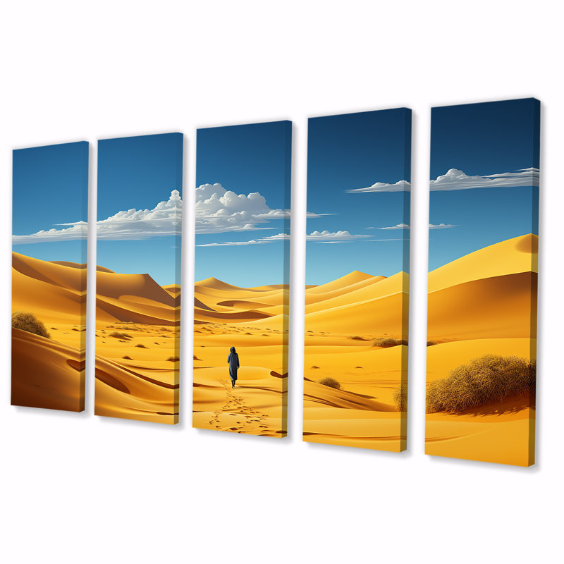 «Walking In The Yellow Azure Desert - Space Landscape», ensemble de 5 pièces d'art mural, H 28 po x l 60 po