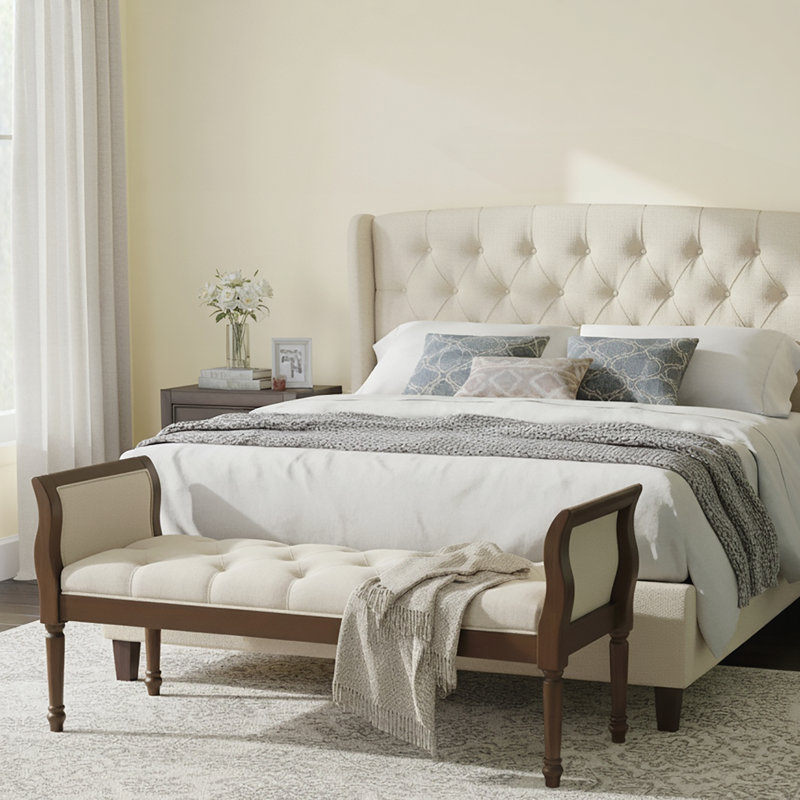 Banc rembourré avec accoudoirs courbés, Beige, Beige, Noyer