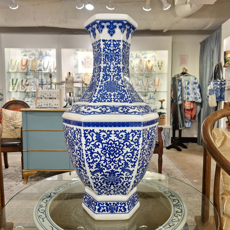Hex Blue and White Filigree Vase