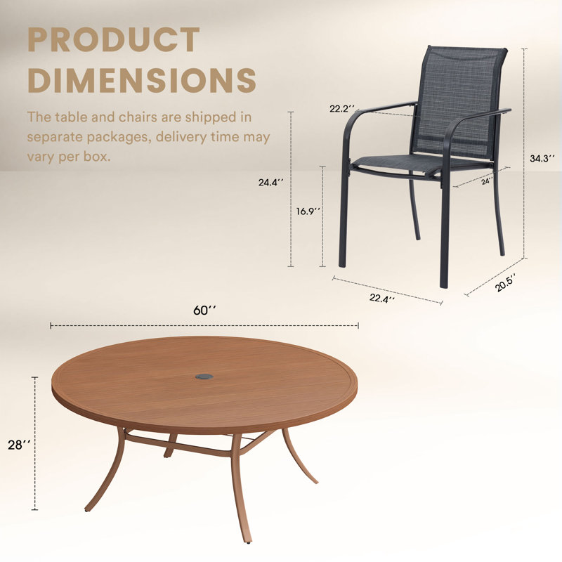9 Piece Patio Dining Set With 60" Round Table, Walnut/Gray