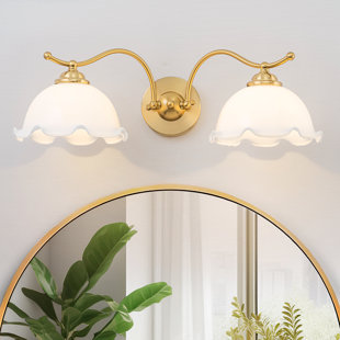 22.44 In. 2-Light Gold Iron Wall Sconce With Flower Glass Shades For Bedroom, Bathroom, Corridor