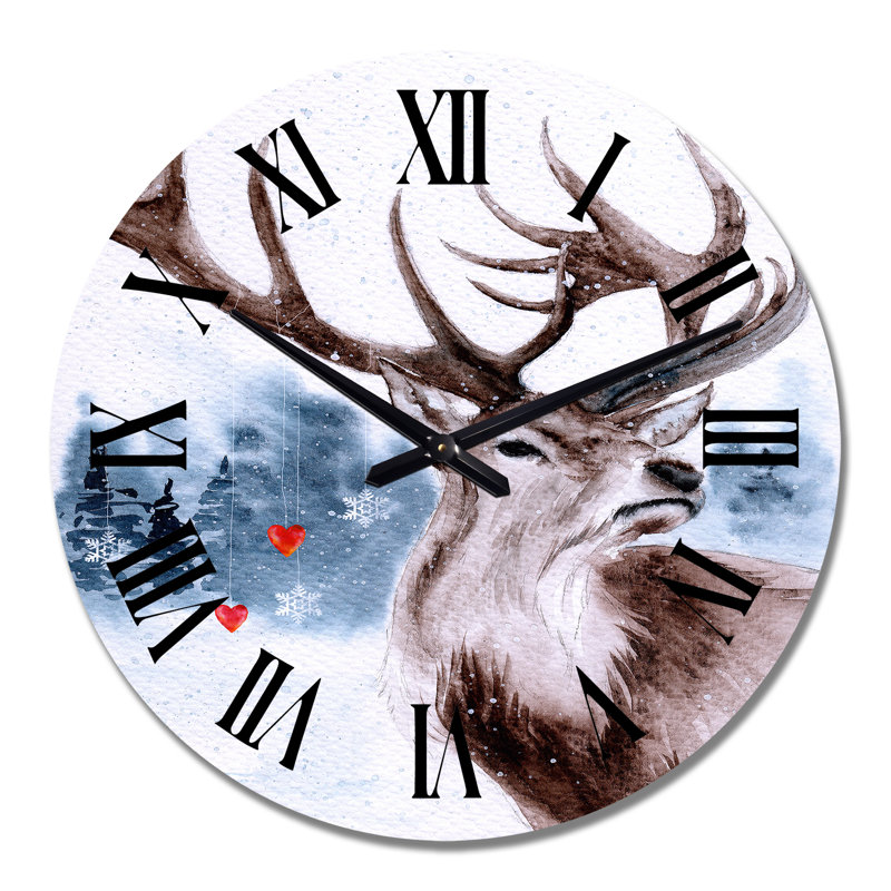 Paysage enneigé avec un renne et une forêt d'hiver - Horloge murale traditionnelle, Surdimensionné