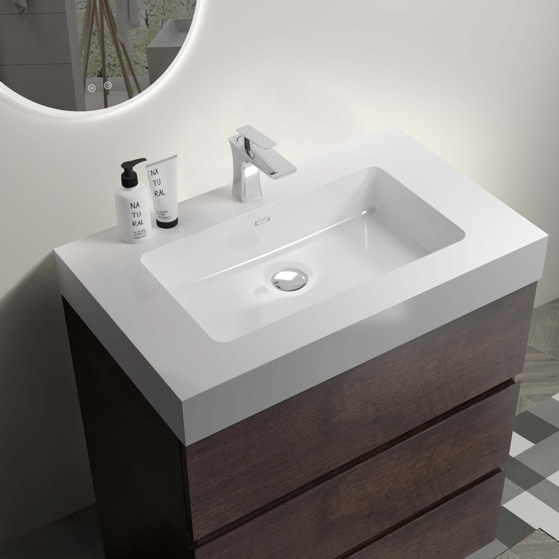 Meuble-lavabo autoportant moderne avec lavabo sans drain et robinet, Brun, Blanc