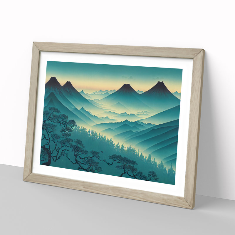 Japanese Forest Mountains - Single Picture Frame Print, 46cm H x 64cm W x 2cm D, Oak