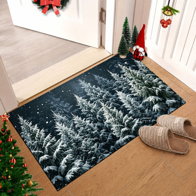 Tapis de porte de Noël antidérapant pour intérieur et extérieur, 61 x 91 cm, motif forêt enneigée bleue.