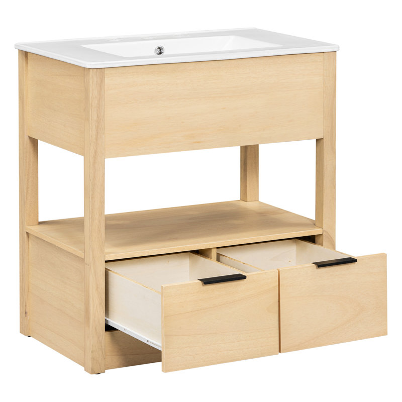 Meuble-lavabo élégant avec lavabo, tablette ouverte et tiroirs, offrant beaucoup de rangement et un look moderne., Naturel