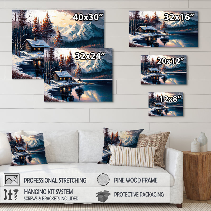 Maison sur le lac en hiver - reproduction sur toile, H 16 po x l 32 po x P 1 po, Toile tendue