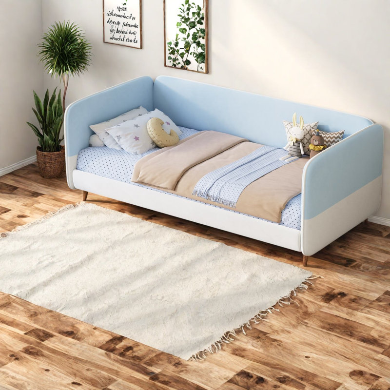 Lits jumeaux sécurisés au sol, cadre en bois en velours bleu, style Montessori moderne, Bleu