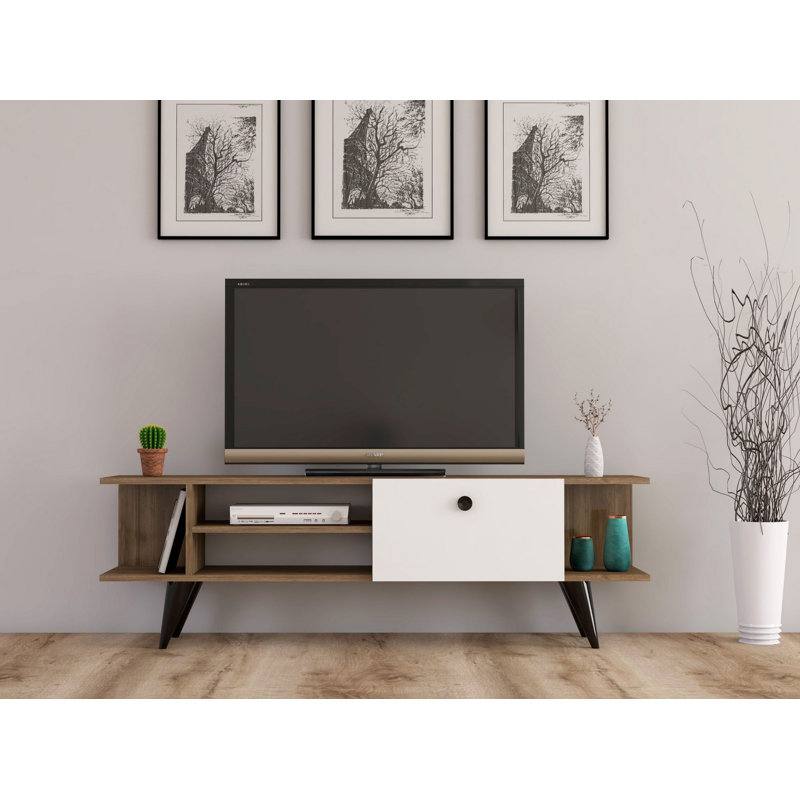 Meuble télé moderne avec nombreuses tablettes, finition noyer et blanc, 47,2 po x 17,7 po x 11,6 po | 100% panneau de particules enduit de mélamine, épaisseur: 0,7 pouce | Solution de rangement élégante pour le salon et les espaces de divertissement
