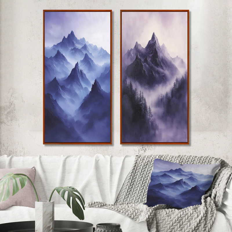 Misty Peaks In The Twilight III - Paysages, art mural 2 panneaux, H 32 po x l 33 po, Impression encadrée flottante, Brun