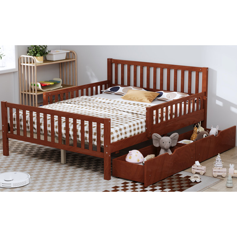 Lit plateforme en bois de noyer pleine grandeur avec garde-corps et deux tiroirs pour le rangement de la chambre à coucher, finition lisse, stabilité à 8 lattes avec les deux tiroirs de rangement latéraux, contreplaqué robuste, sommeil sécuritaire et confortable