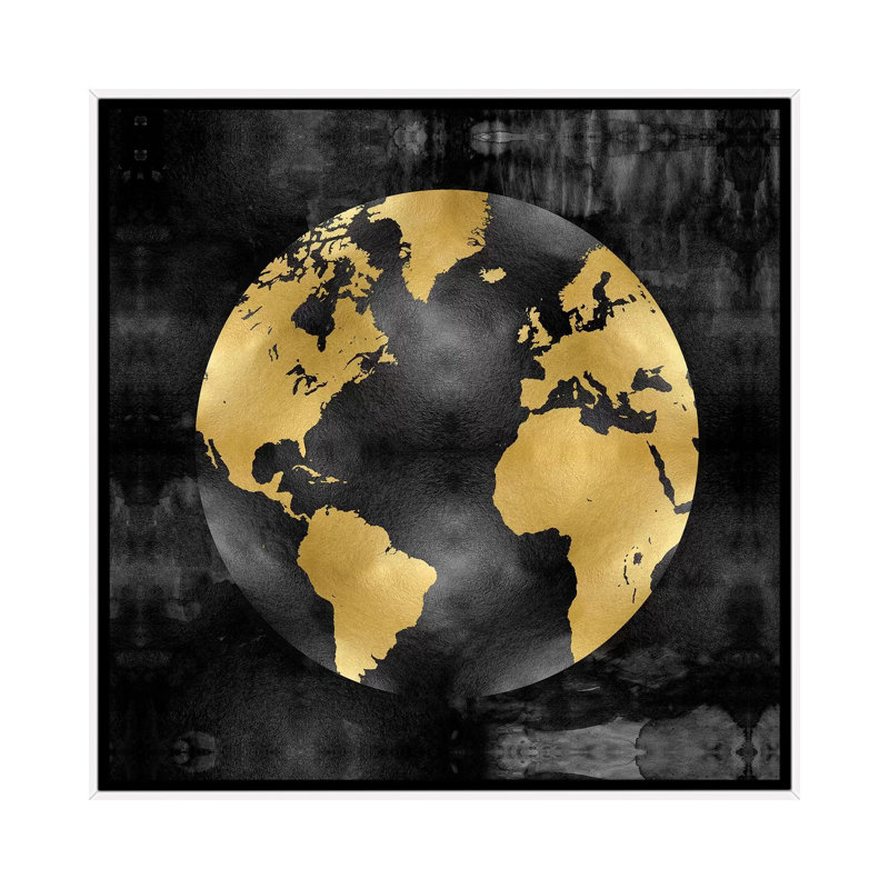 «The Globe Gold on Black», impression sur toile, H 12 po x l 12 po x P 1,5 po, Toile avec cadre blanc, Pas de tapis