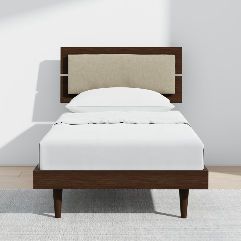Benoni Wooden Bed With Taupe Cushion, Twin, Brown