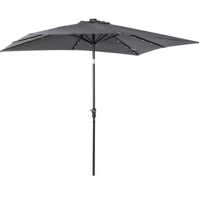 Parasol de patio avec lumières solaires et à DEL, profondeur de 8,8 pi, largeur de 6,7 pi, hauteur de 8,1 pi, inclinaison à bouton-poussoir, conception stable au vent, poteau de 1,5 po alimenté par le soleil, cadre en acier, auvent, pour utilisation dans la cour