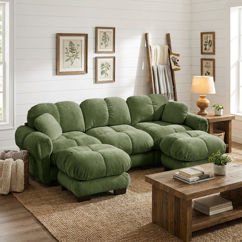 Ensemble de canapé modulaire en chenille 3 places avec coussins et 2 repose-pieds, vert sauge, 2 repose-pieds, Vert sauge