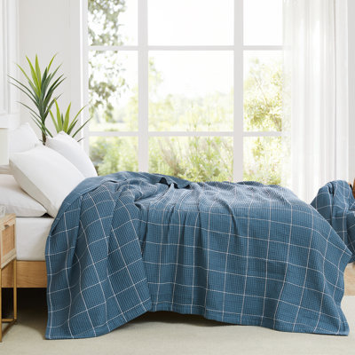 Southshore Fine Linens Check Cotton Waffle Blanket in Steel Blue, 100% Combed Cotton Waffle Weave Lightweight Bedding, 108" × 90", King/California King