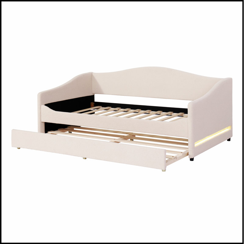 Upholstered Daybed with Integrated Light and Trundle for Enhanced Comfort and Functionality, Twin, Beige