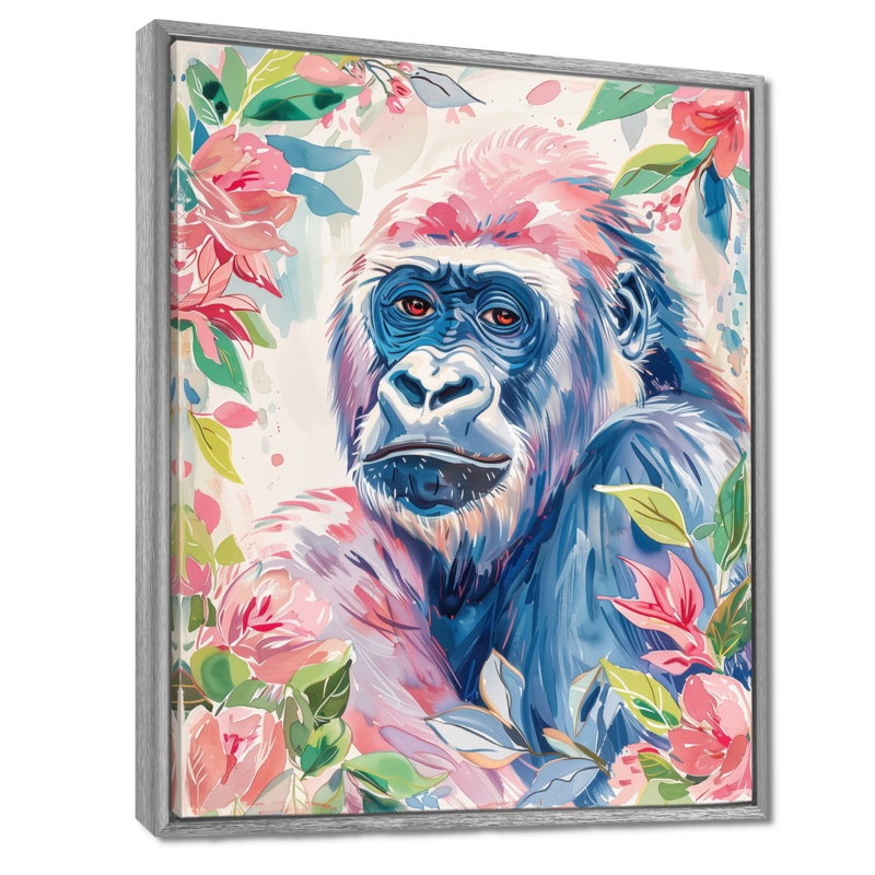 «Pink Blue Gorilla Portrait Blooms I», impression d'art mural Gorillawall, H 24 po x l 32 po, Encadrement argenté