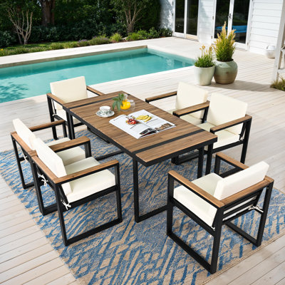 7-Piece Outdoor Dining Set, Acacia Wood Table & Chairs with Removable Cushions