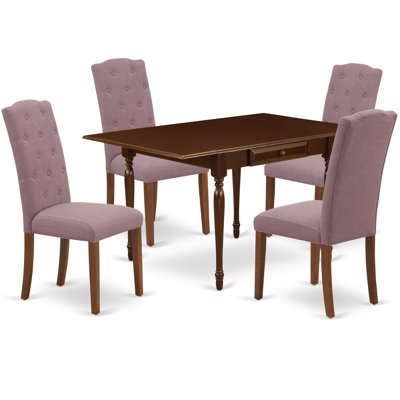 5 Piece Kitchen Table & Chairs Set Includes a Rectangle Dining Room Table with Dropleaf and 4 Dahlia Linen Fabric Upholstered Chairs, Mahogany
