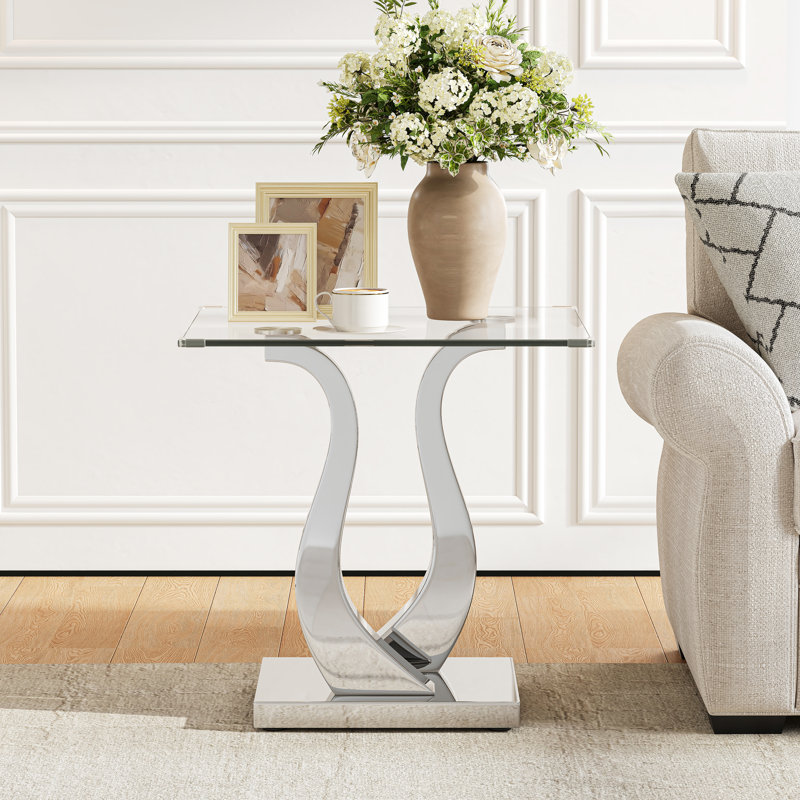 Table de bout carrée en verre trempé de 23,62 po avec base en acier inoxydable poli double, table d'appoint moderne pour le salon
