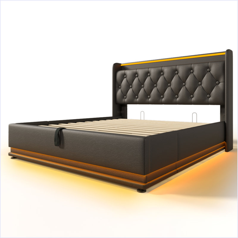 Upholstered Bed, 360 Surround LED Function, Buttons/Apps/Remote Control, Hydraulic Storage Bed With USB Type-C Charging, Full