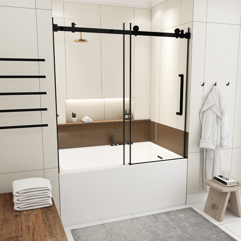56-60.In W X 60.In H Frameless Single Sliding Shower Door,1/4 In Thick Clear Tempered Glass,Explosion Proof Film,Stainless Steel Handle Square Tube Track,Matte Black