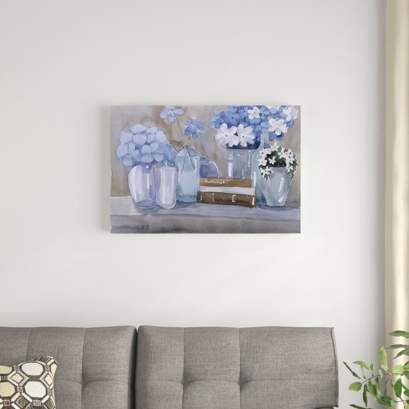 Floral peint en bleu avec des vases, H 20 po x l 30 po