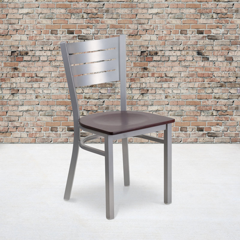 Alvera Silver Slat Back Metal Restaurant Chair with Wood Seat, Mahogany