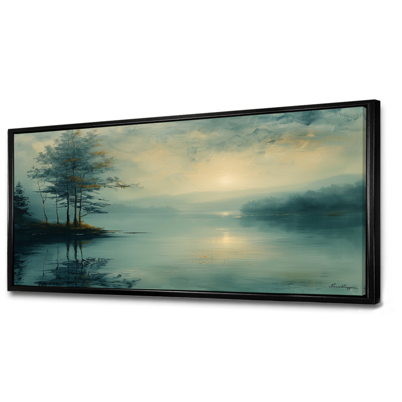 Brume d'hiver, paysage de lac romantique - salon d'art mural lac, Cadre flottant noir, H 28 po x l 60 po x P 1,5 po