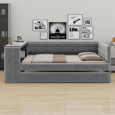 Lit plateforme tapissier avec tablettes de rangement, bureau, station de charge et lit gigogne