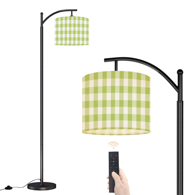 Lampe sur pied à arc avec abat-jour ajustable Lampe sur pied à carreaux vichy vert et blanc avec 3 températures d'intensité et intensité variable avec interrupteur au pied pour la chambre à coucher