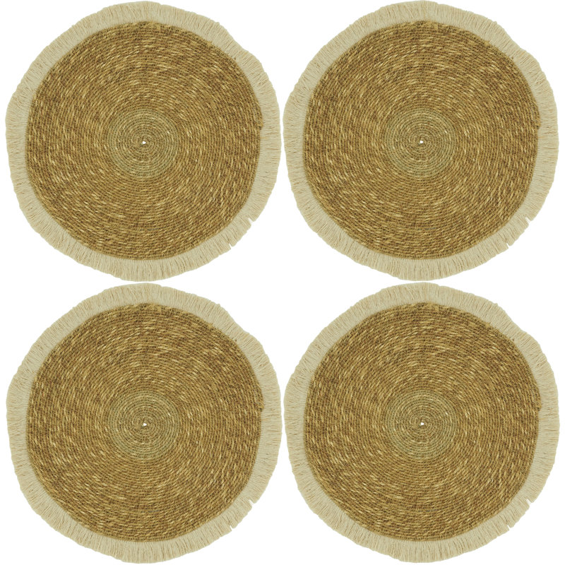 Natural Fringe Border Fabric Table Placemats Set of 4