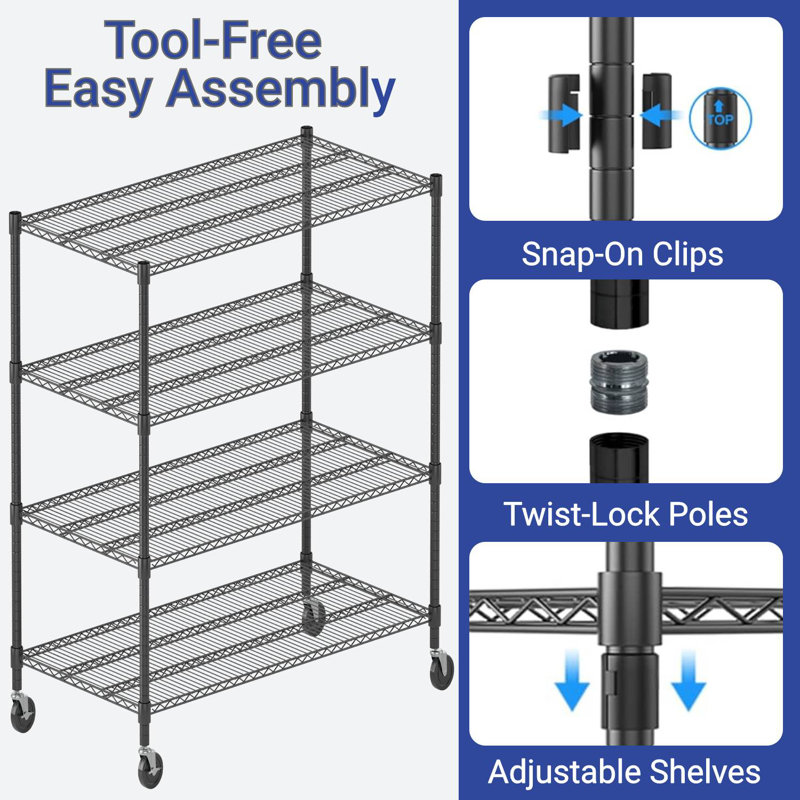 Heavy Duty Storage Shelves, Tier Wire Shelving Unit With Wheels, Commercial Adjustable Metal Shelves For Storage, Garage Rack Pantry Shelves Kitchen Shelving