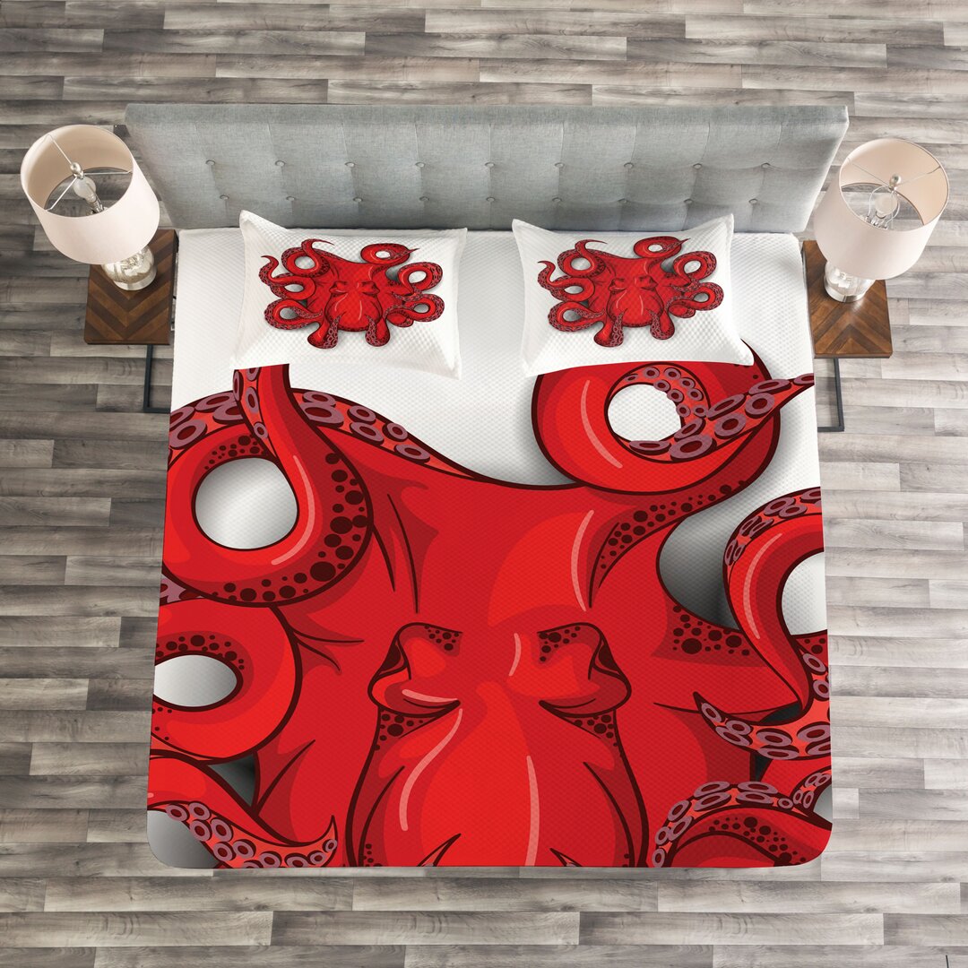 Gestepptes Bettdecken-Set, Octopus Tiermeeres, Krake, Rot