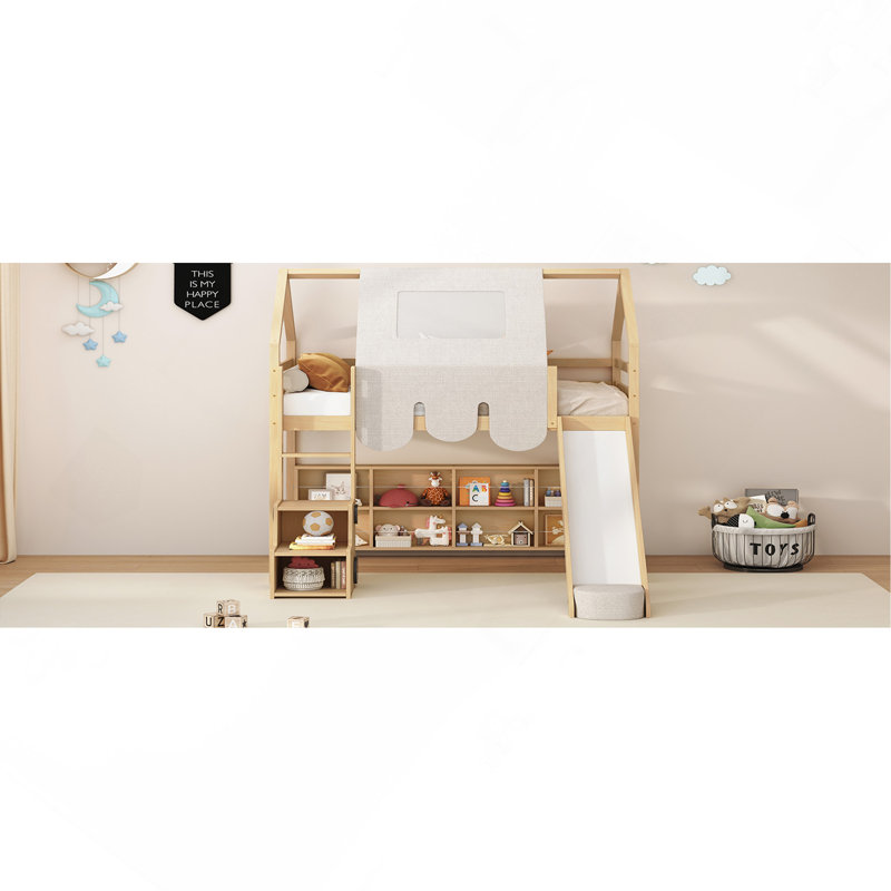 Wooden Loft Twin Size Bed House-Shaped Frame With A Tent