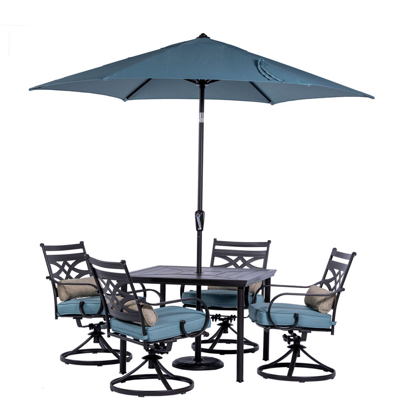Elmfield 4 - Person Patio Dining Set with Square Table , Cushions Included, Ocean Blue