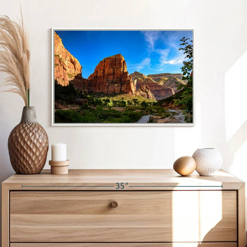 Journée ensoleillée à Angels Landing, Cadre flottant blanc, 25" H x 17" W