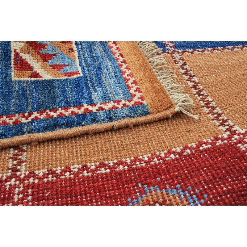 Tapis unique en laine noué à la main bleu / jaune / rouge années 2010 6 pi 4 po x 8 pi 7 po Quinette